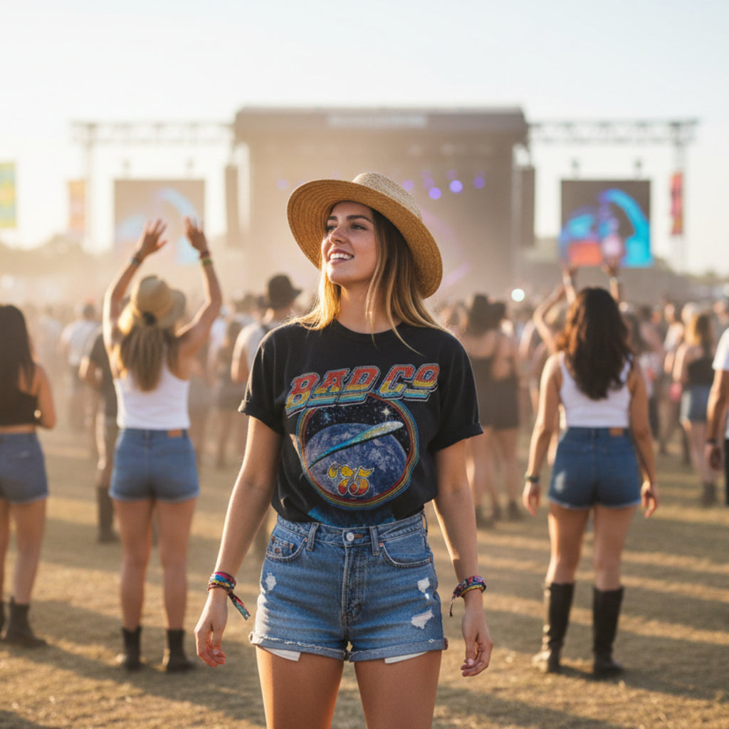 WOMAN WEARING BAD CO TEE BCO509S, BCO509M, BCO509L, BCO509XL, BCO509XXL, BCO509XXXL, BCO509XXXXL, BCO509XXXXXL