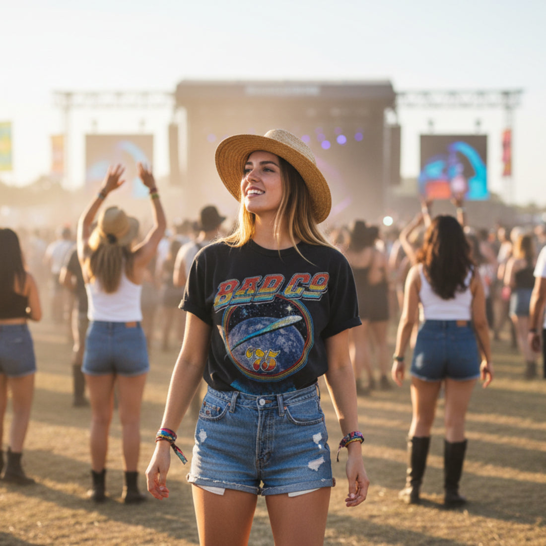 WOMAN WEARING BAD CO TEE BCO509S, BCO509M, BCO509L, BCO509XL, BCO509XXL, BCO509XXXL, BCO509XXXXL, BCO509XXXXXL