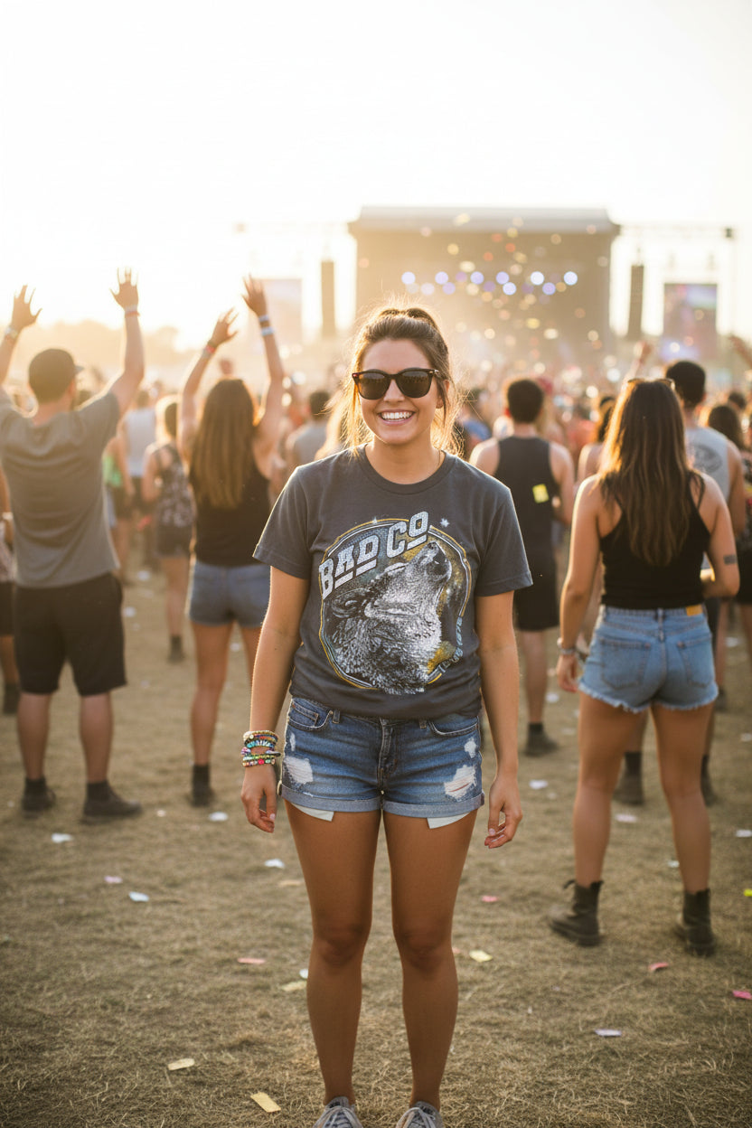 WOMAN WEARING BAD CO TEE BCO504S, BCO504M, BCO504L, BCO504XL, BCO504XXL