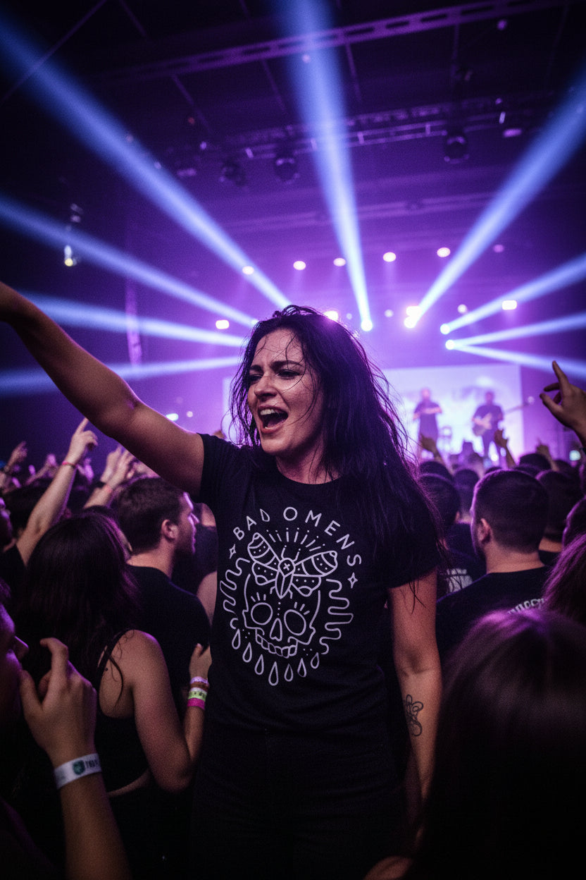 WOMAN WEARING BAD OMENS TEE MM-SUM-04S, MM-SUM-04M, MM-SUM-04L, MM-SUM-04X, MM-SUM-04XX