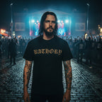 MAN WEARING Black t-shirt with 'Bathory' and 'Hordes' text MM-BA-003S, MM-BA-003M, MM-BA-003L, MM-BA-003X, MM-BA-003XX, MM-BA-003XXX