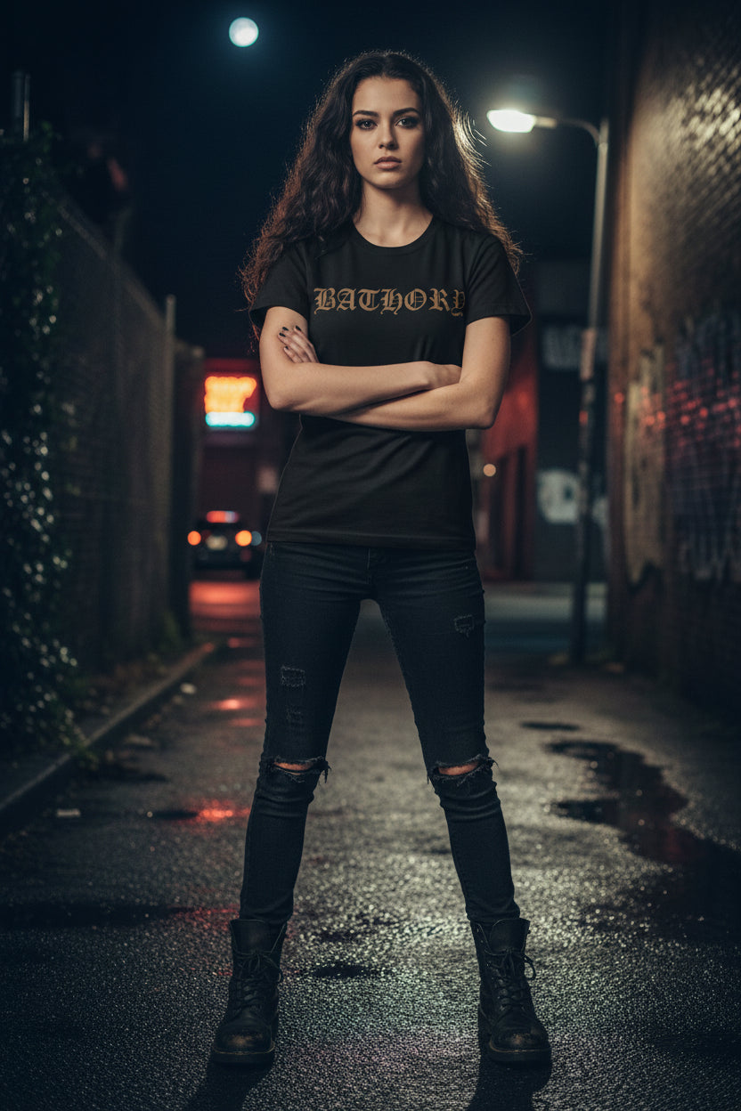 GIRL WEARING Black t-shirt with 'Bathory' and 'Hordes' text MM-BA-003S, MM-BA-003M, MM-BA-003L, MM-BA-003X, MM-BA-003XX, MM-BA-003XXX