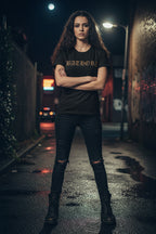 GIRL WEARING Black t-shirt with 'Bathory' and 'Hordes' text MM-BA-003S, MM-BA-003M, MM-BA-003L, MM-BA-003X, MM-BA-003XX, MM-BA-003XXX