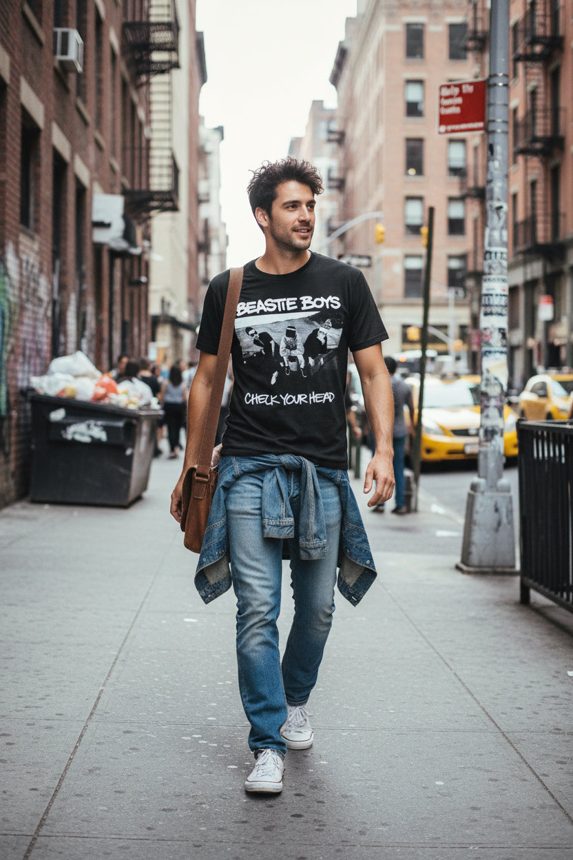 man wearing beastie boys tee  BBS518S, BBS518M, BBS518L, BBS518XL, BBS518XXL, BBS518XXXL, BBS518XXXXL, BBS518XXXXXL