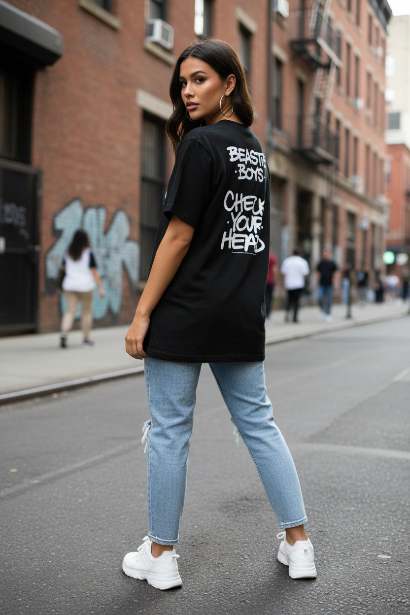woman wearing beastie boys tee  BBS518S, BBS518M, BBS518L, BBS518XL, BBS518XXL, BBS518XXXL, BBS518XXXXL, BBS518XXXXXL