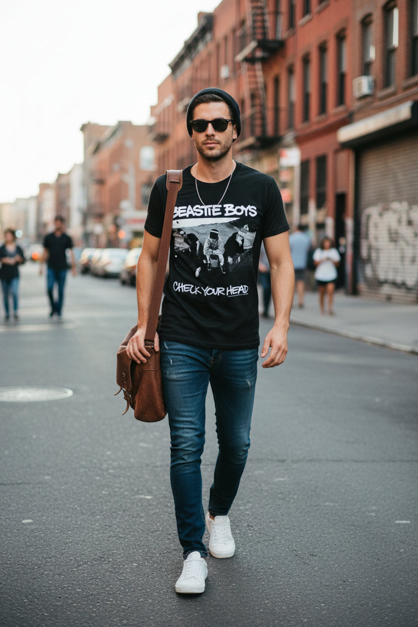 MAN WEARING BEASTIE BOYS TEE BBS509S, BBS509M, BBS509L, BBS509XL, BBS509XXL, BBS509XXXL, BBS509XXXXL, BBS509XXXXXL