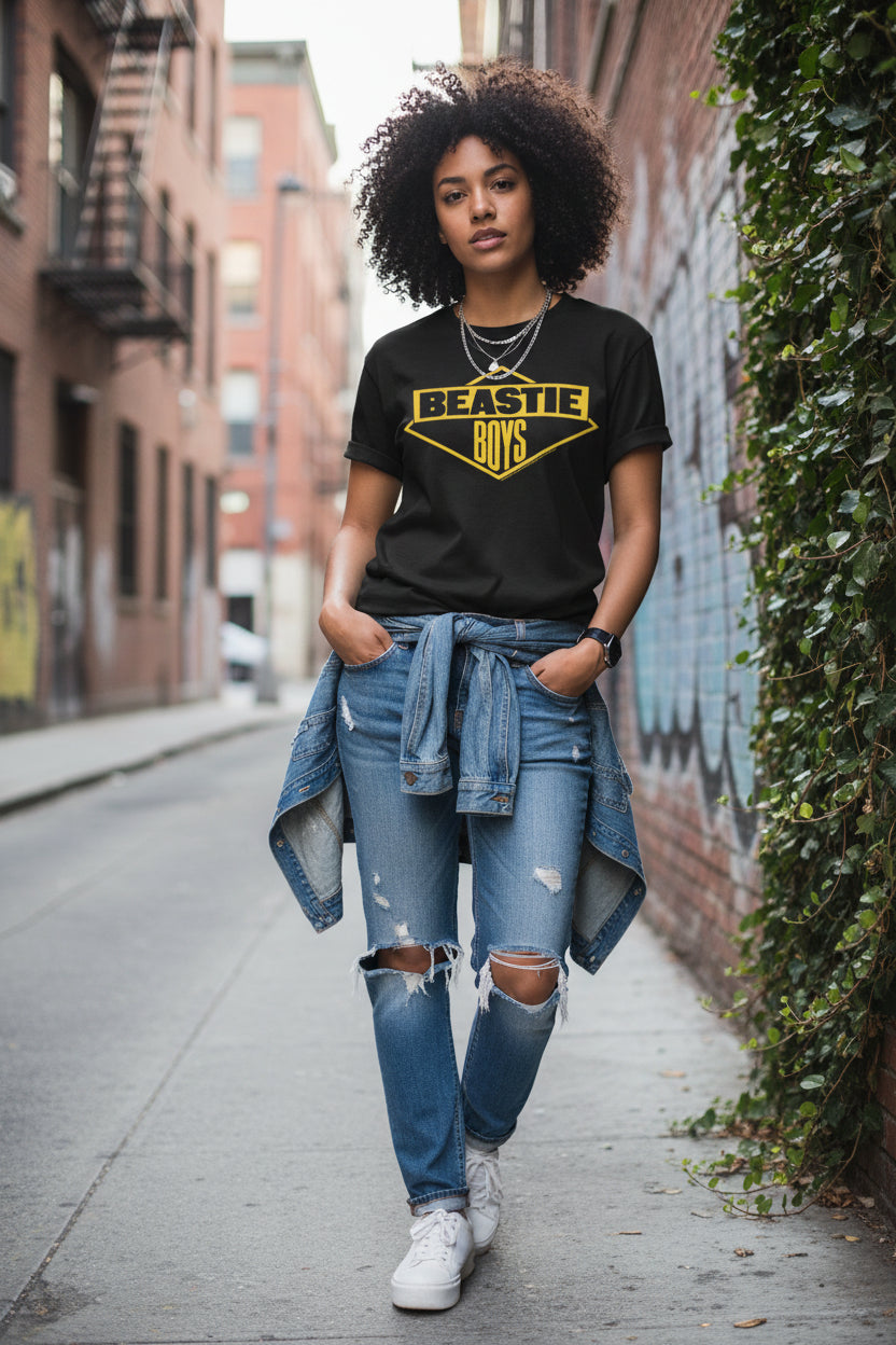 WOMAN WEARING BEASTIE BOYS TEE BBS503S, BBS503M, BBS503L, BBS503XL, BBS503XXL, BBS503XXXL, BBS503XXXXL, BBS503XXXXXL