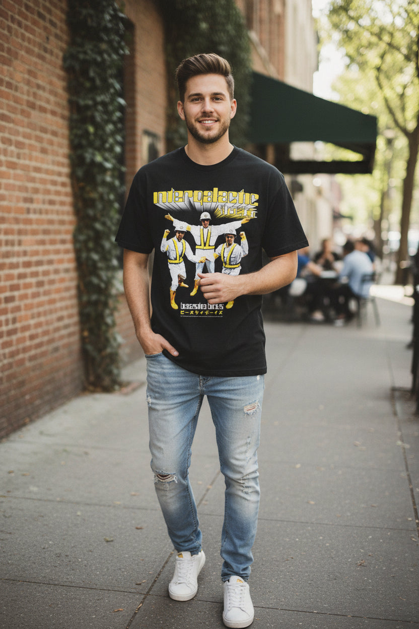 man wearing beastie boys tee BBS511S, BBS511M, BBS511L, BBS511XL, BBS511XXL, BBS511XXXL, BBS511XXXXL, BBS511XXXXXL