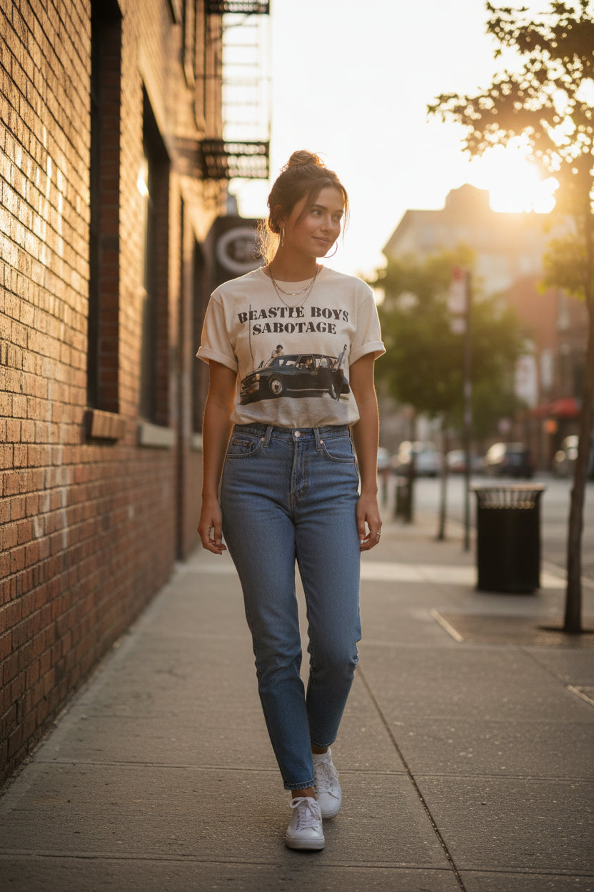 WOMAN WEARING BEASTIE BOYS TEE BBS506SM, BBS506L, BBS506XL, BBS506XXL, BBS506XXXL, BBS506XXXXL, BBS506XXXXXL
