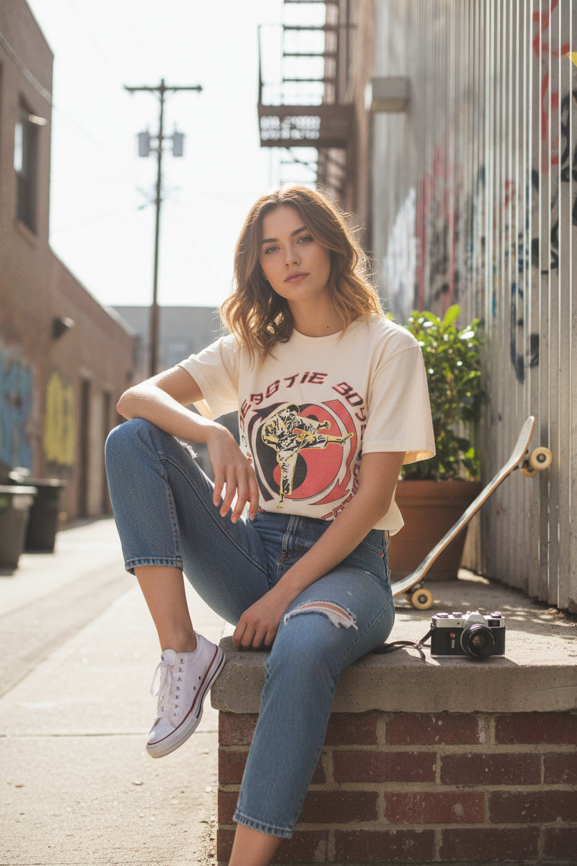 WOMAN WEARING BEASTIE BOYS TEE BBS507S, BBS507M, BBS507L, BBS507XL, BBS507XXL, BBS507XXXL, BBS507XXXXL