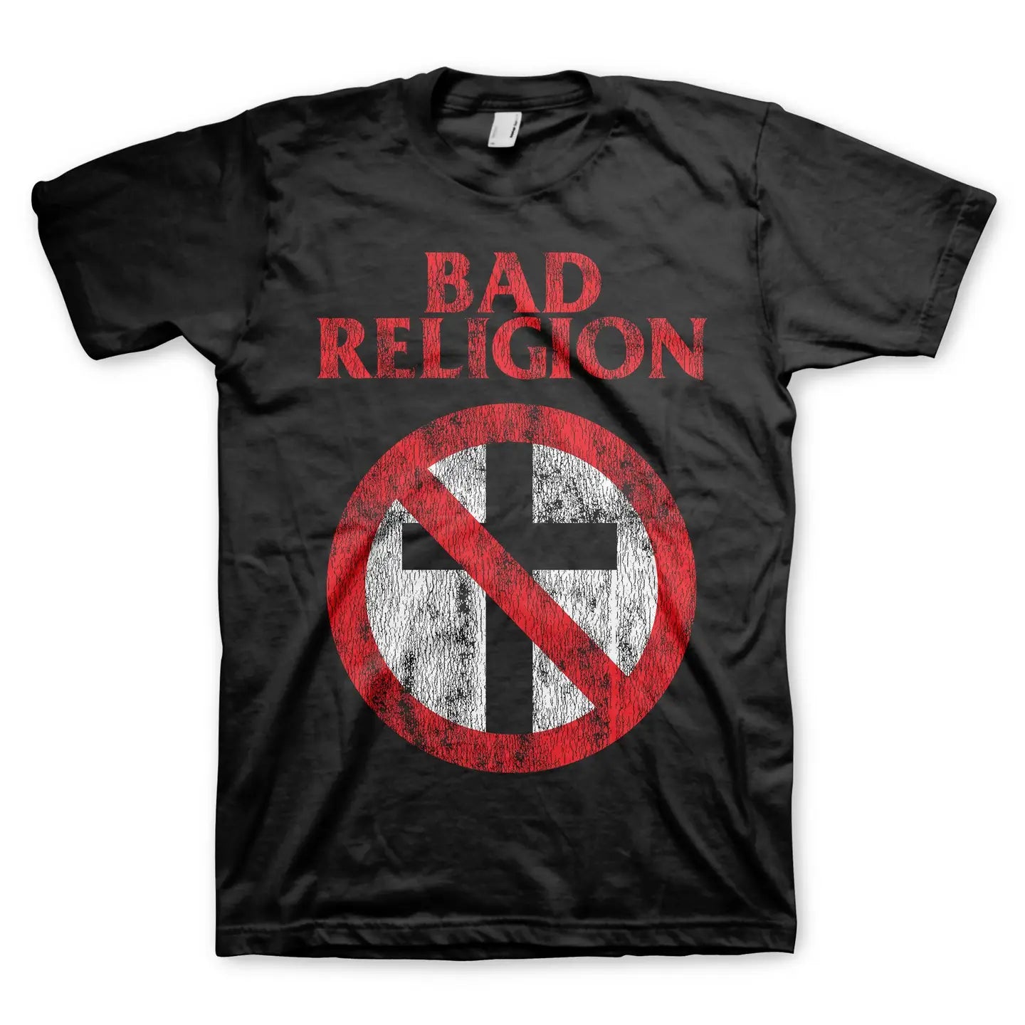 Black t-shirt with 'Bad Religion' logo featuring a cross and circle design on a white background