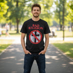 MAN WEARING Black t-shirt with 'Bad Religion' logo featuring a cross and circle design MM-BAD-02S, MM-BAD-02M, MM-BAD-02L, MM-BAD-02X, MM-BAD-02XX, MM-BAD-02XXX