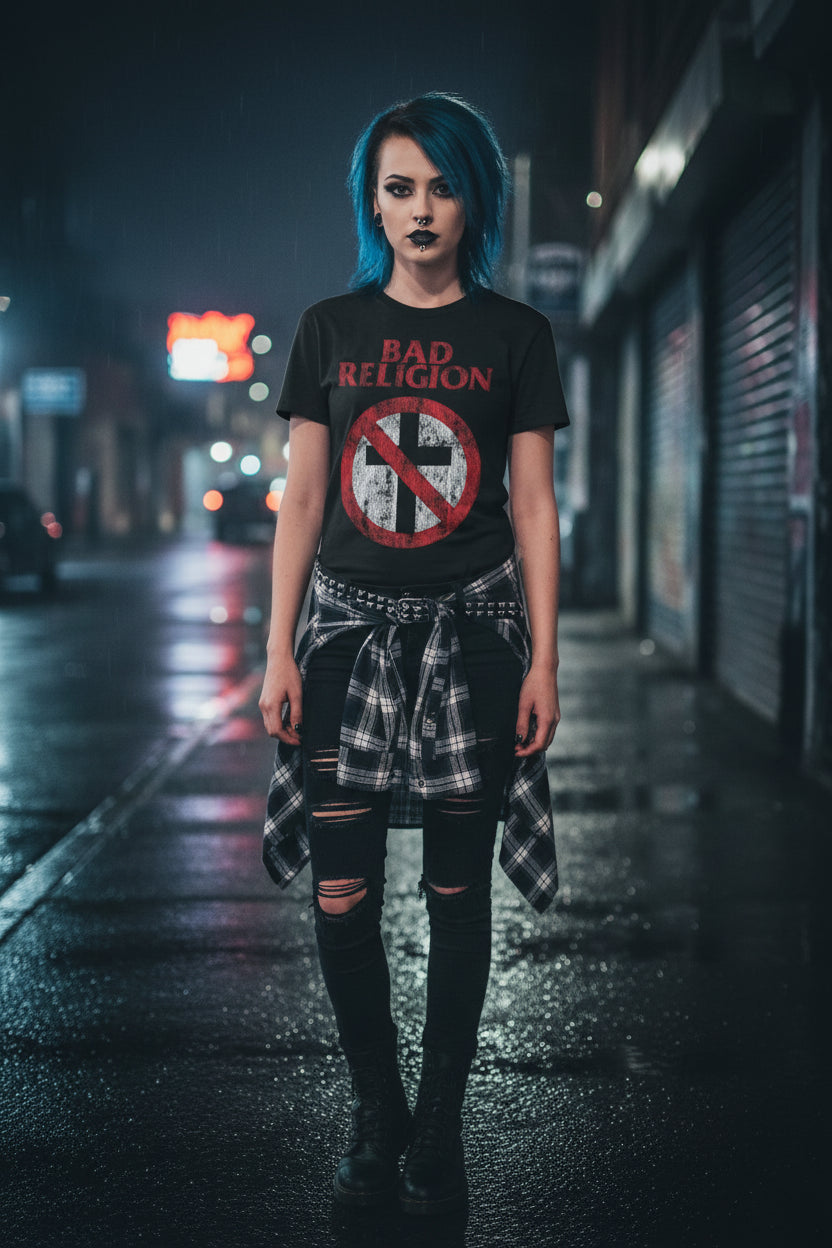 WOMAN WEARING Black t-shirt with 'Bad Religion' logo featuring a cross and circle design MM-BAD-02S, MM-BAD-02M, MM-BAD-02L, MM-BAD-02X, MM-BAD-02XX, MM-BAD-02XXX