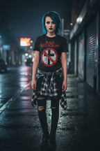 WOMAN WEARING Black t-shirt with 'Bad Religion' logo featuring a cross and circle design MM-BAD-02S, MM-BAD-02M, MM-BAD-02L, MM-BAD-02X, MM-BAD-02XX, MM-BAD-02XXX