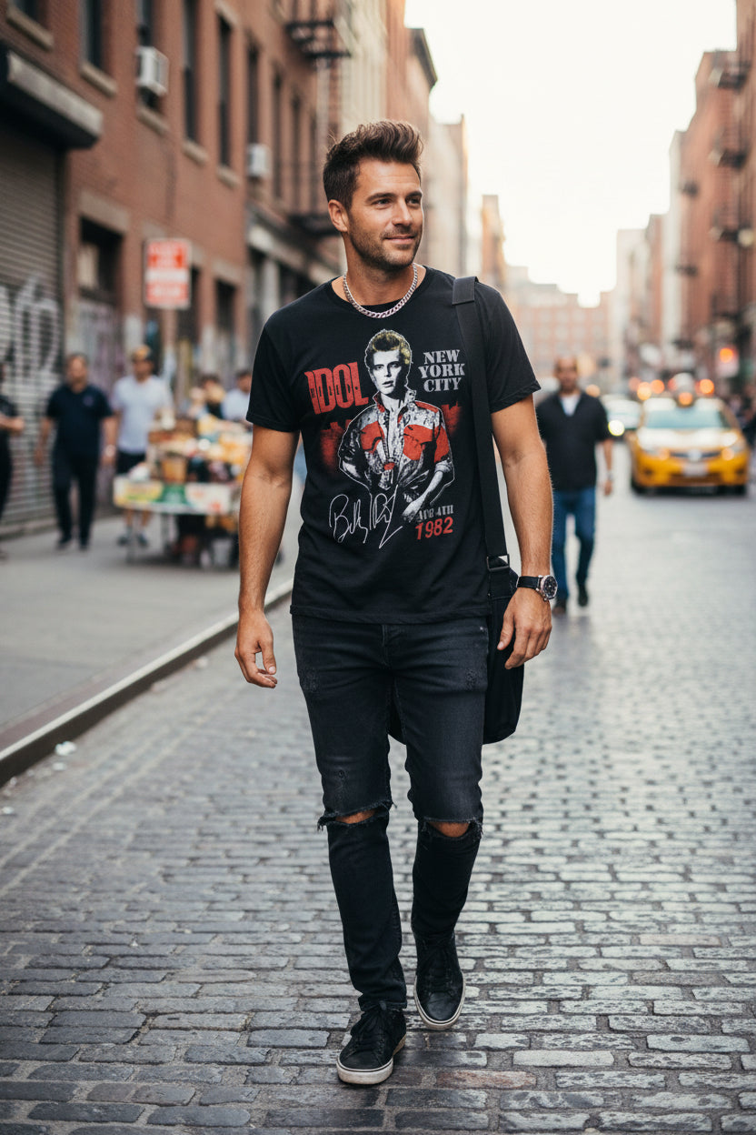 MAN WEARING BILLY IDOL TEE  IDOL550S, IDOL550M, IDOL550L, IDOL550XL, IDOL550XXL, IDOL550XXXL, IDOL550XXXXL, IDOL550XXXXXL