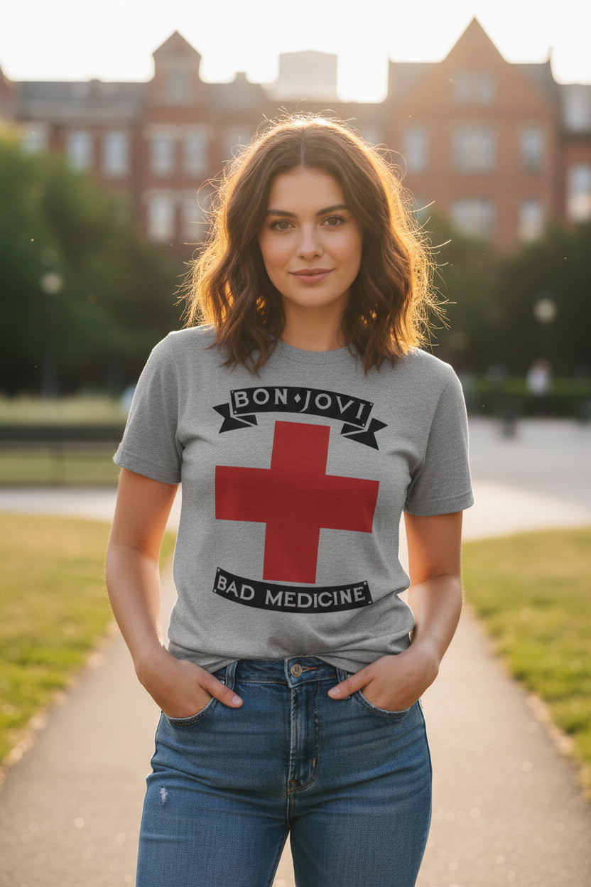 WOMAN WEARING BON JOVI TEE BON514S, BON514M, BON514L, BON514XL, BON514XXL, BON514XXXL, BON514XXXXL, BON514XXXXXL
