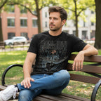 man wearing Black t-shirt with Bon Jovi graphic and tour details BON527S, BON527M, BON527L, BON527XL, BON527XXL, BON527XXXL, BON527XXXXL, BON527XXXXXL