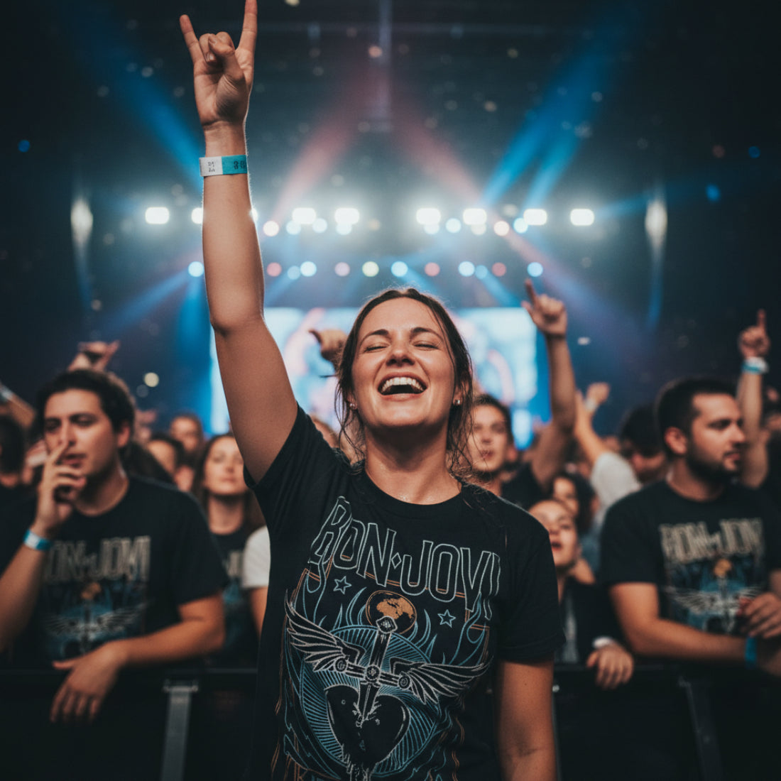 woman wearing Black t-shirt with Bon Jovi graphic and tour details on a white background BON527S, BON527M, BON527L, BON527XL, BON527XXL, BON527XXXL, BON527XXXXL, BON527XXXXXL