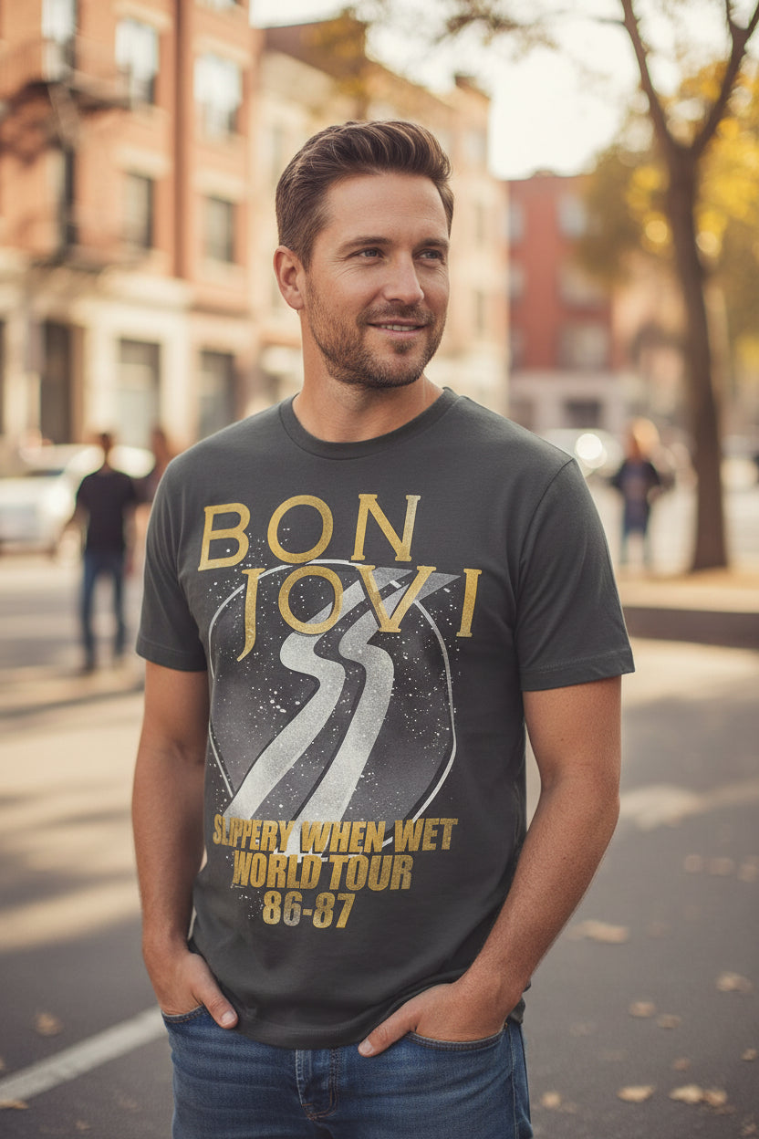 MAN WEARING BON JOVI TEE BON525S, BON525M, BON525L, BON525XL, BON525XXL