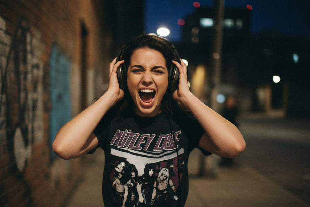 girl wearing crue shirt screaming. MCRU589S, MCRU589M, MCRU589L, MCRU589XL, MCRU589XXL, MCRU589XXXL, MCRU589XXXXL, MCRU589XXXXXL