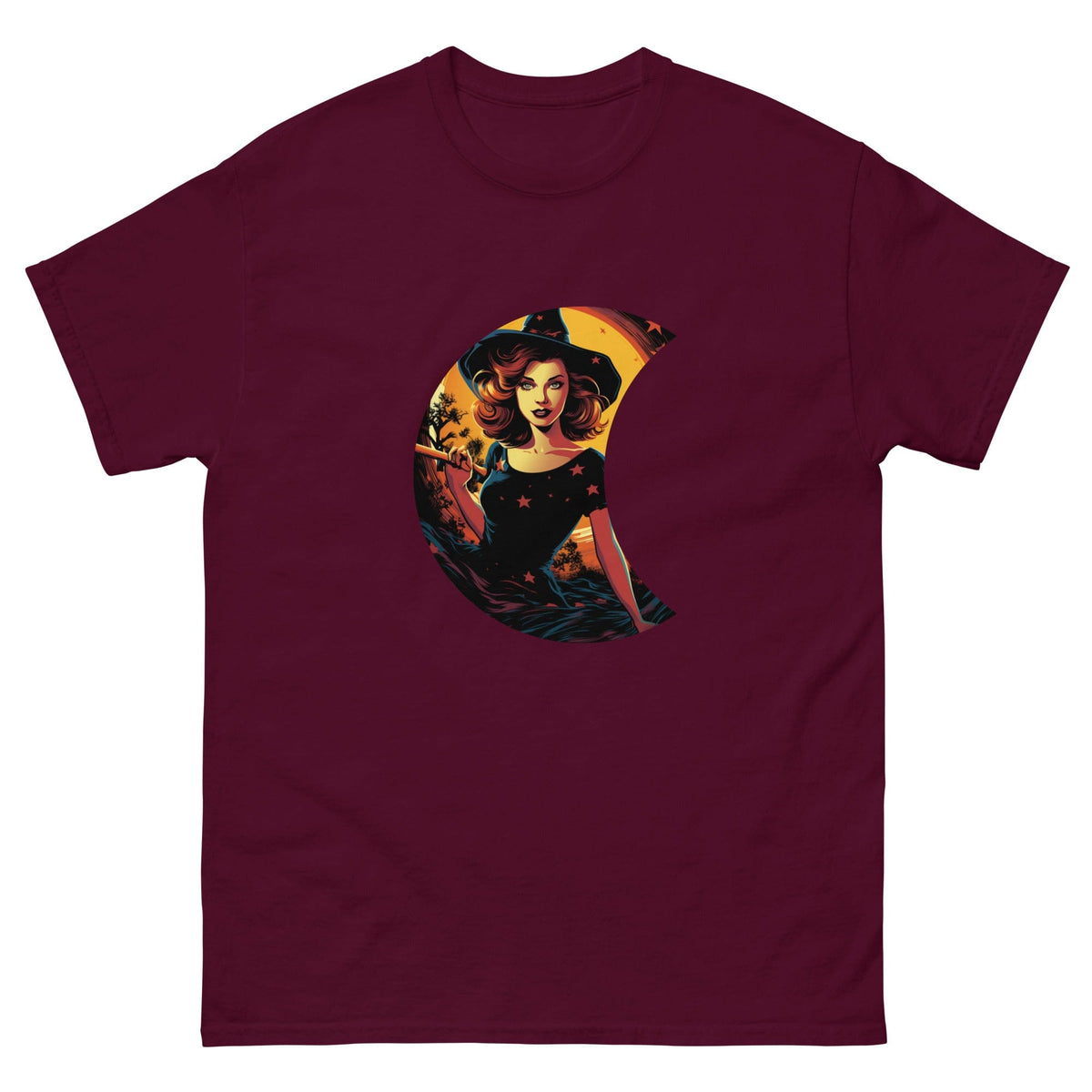 Maroon / S Cute Witch in Crescent Moon T-Shirt