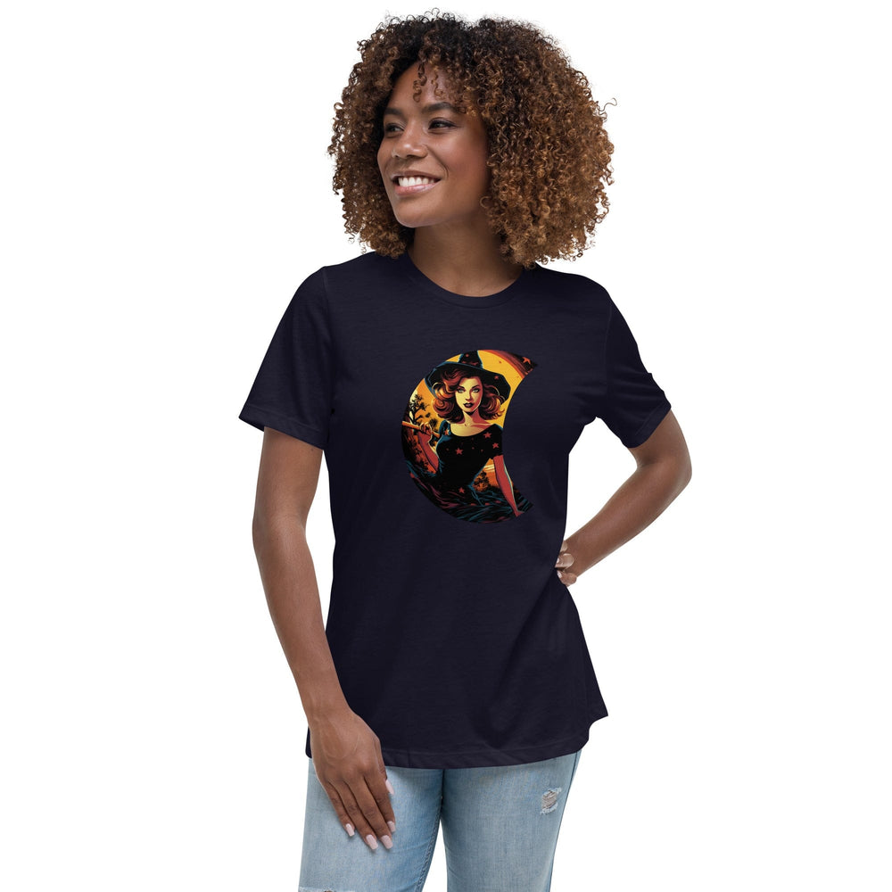 Navy / S Cute Witch in Crescent Moon T-Shirt Women's Relaxed T-Shirt