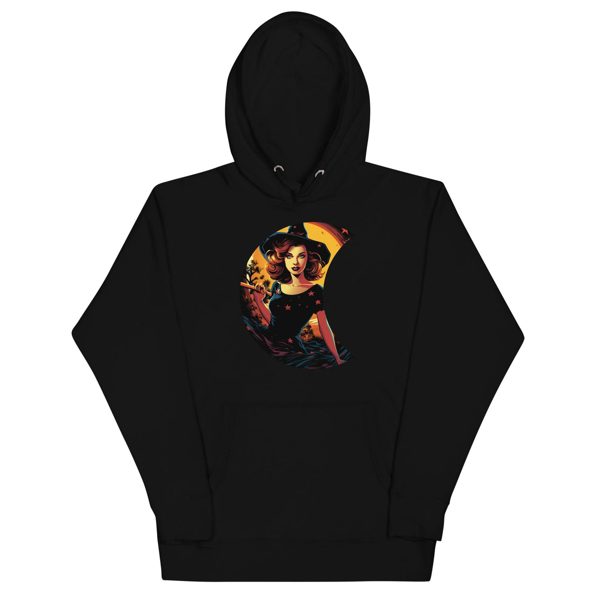 Black / S Cute Witch in Crescent Moon Unisex Pullover Hoodie 2198289_10779