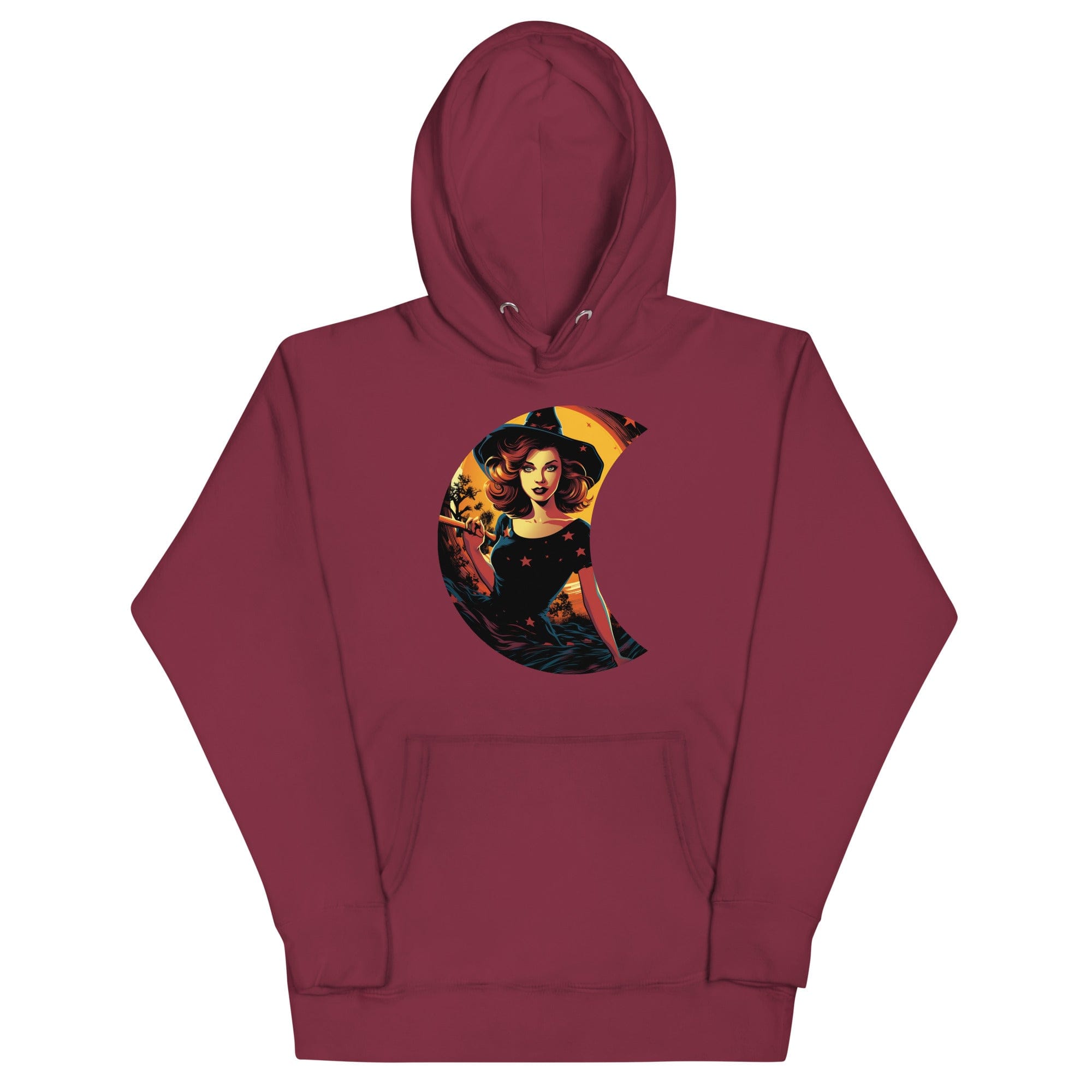Maroon / S Cute Witch in Crescent Moon Unisex Pullover Hoodie 2198289_11486