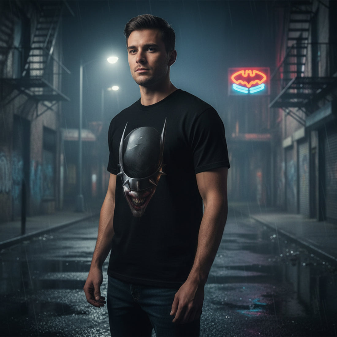 MAN WEARING BATMAN TEE DKM100S, DKM100M, DKM100L, DKM100XL, DKM100XXL
