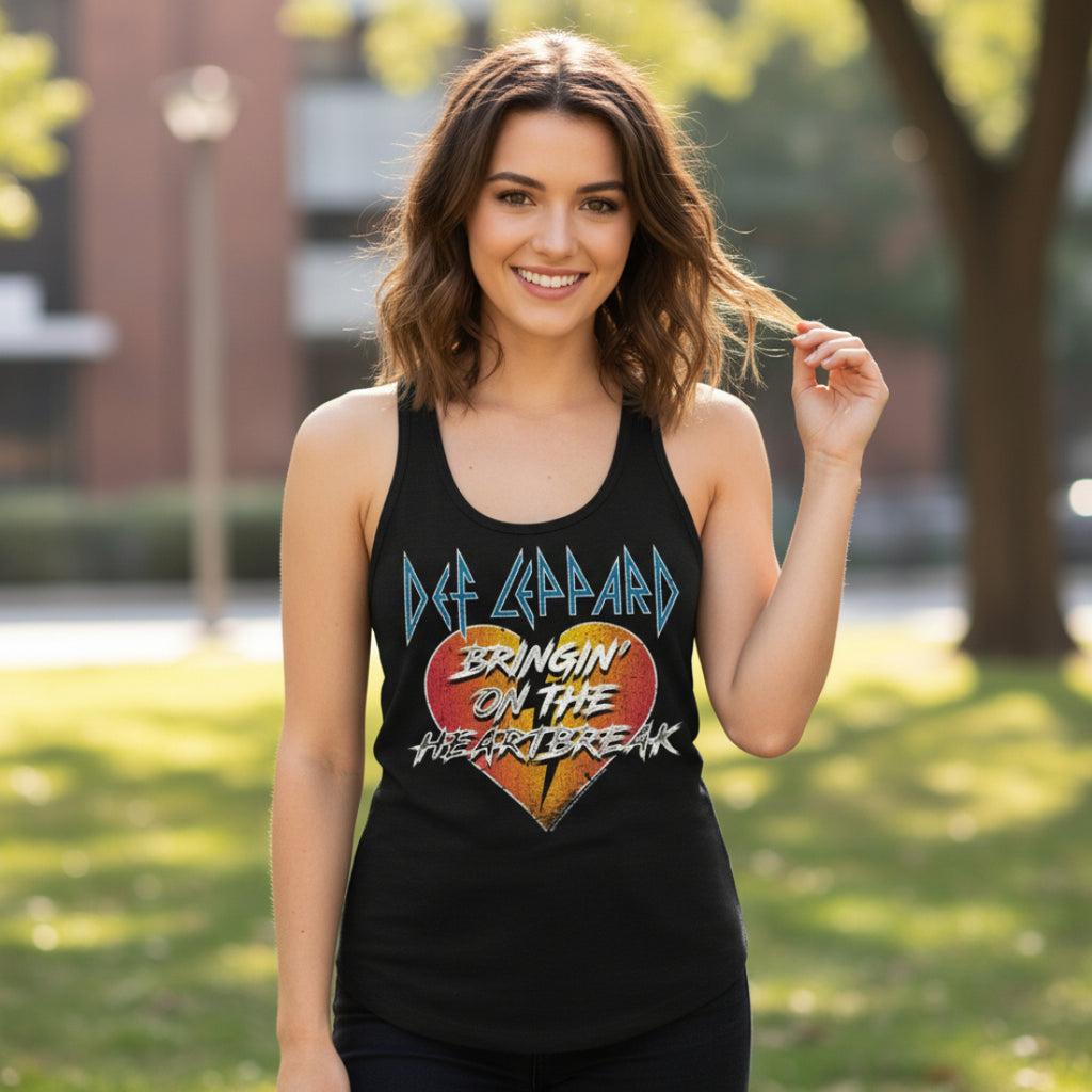 WOMAN WEARING Black tank top with Def Leppard graphic and 'Bringing on the Heartbreak' DEF582-320S, DEF582-320M, DEF582-320L, DEF582-320XL, DEF582-320XXL