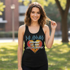 WOMAN WEARING Black tank top with Def Leppard graphic and 'Bringing on the Heartbreak' DEF582-320S, DEF582-320M, DEF582-320L, DEF582-320XL, DEF582-320XXL