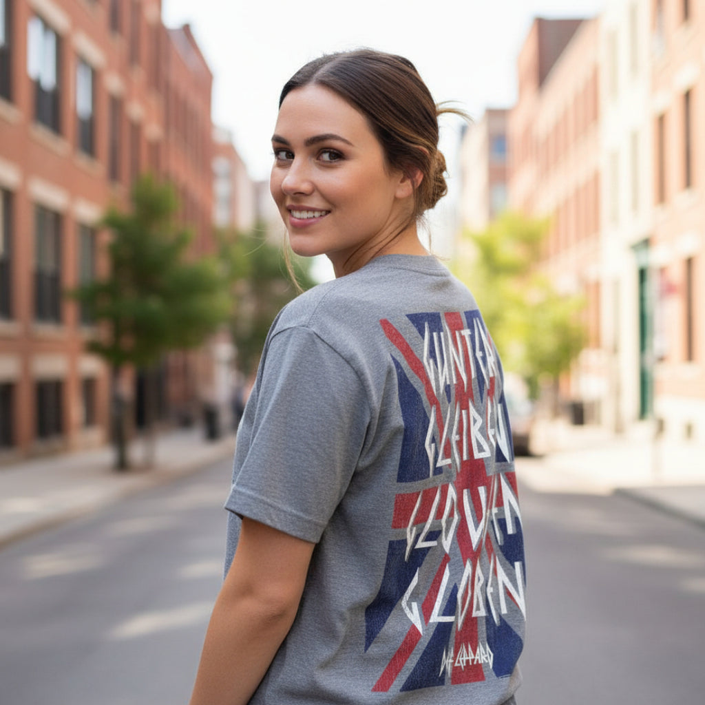 WOMAN WEARING DEF LEPPARD GRAY LOGO SHIRT DEF5171S, DEF5171M, DEF5171L, DEF5171XL, DEF5171XXL, DEF5171XXXL, DEF5171XXXXL, DEF5171XXXXXL