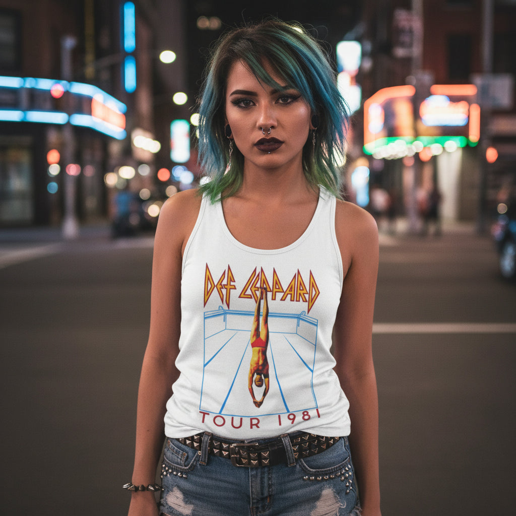 WOMAN WEARING White tank top with Def Leppard 'Tour 1981' graphic design DEF527_316S, DEF527_316M, DEF527_316L, DEF527_316XL, DEF527_316XXL