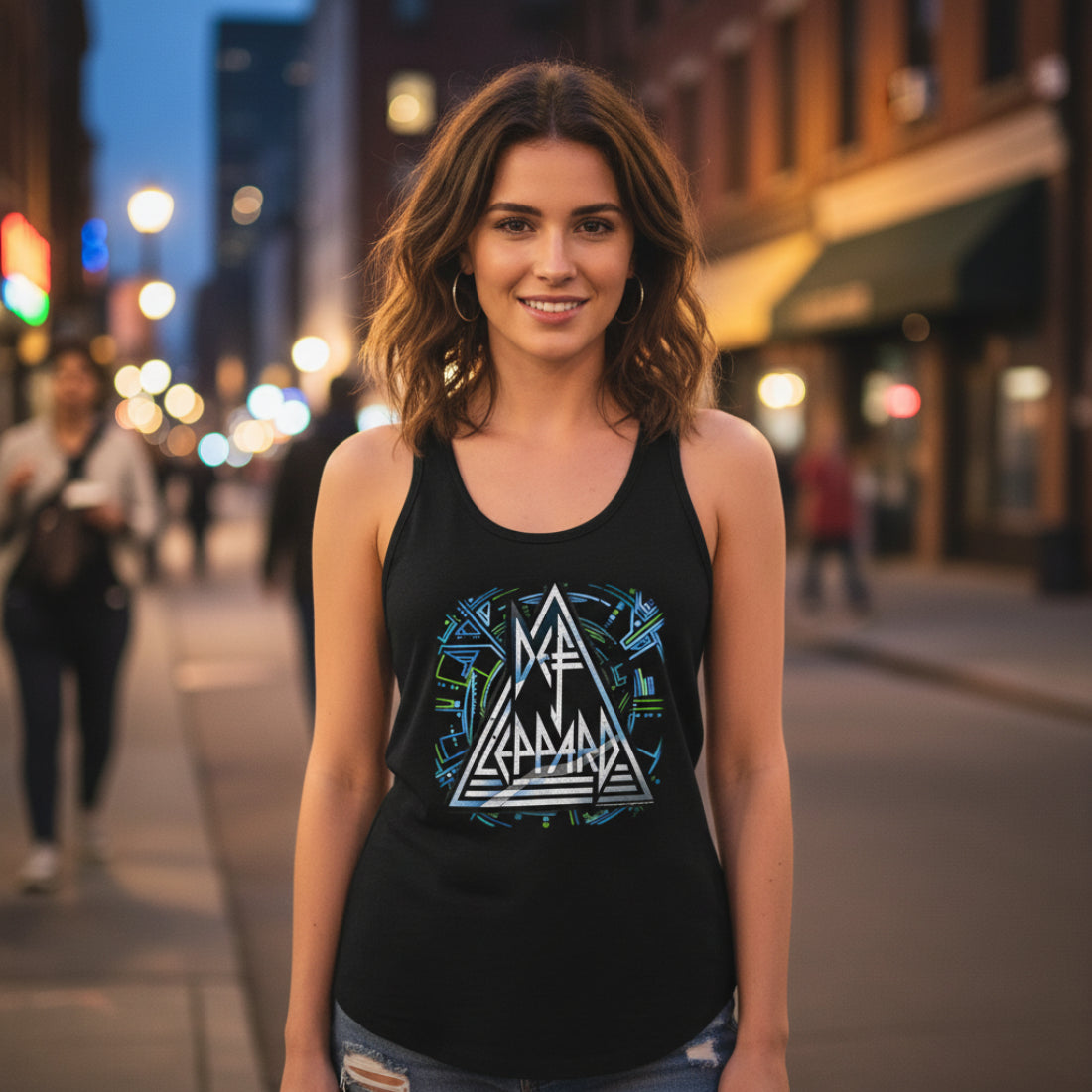 WOMAN WEARING Black tank top with Def Leppard logo 