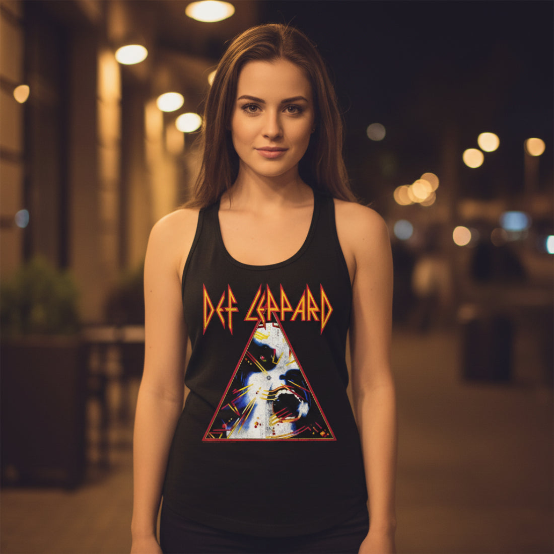 WOMAN WEARING Black tank top with Def Leppard logo and graphic design DEF581-320S, DEF581-320M, DEF581-320L, DEF581-320XL, DEF581-320XXL