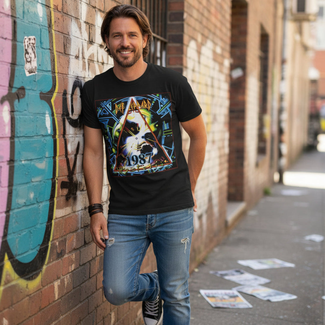 Man wearing Black Def Leppard t-shirt with '1987' graphic on the front and 'World 87 Tour' text on the back, featuring flags. DEF538S, DEF538M, DEF538L, DEF538XL, DEF538XXL, DEF538XXXL, DEF538XXXXL, DEF538XXXXXL