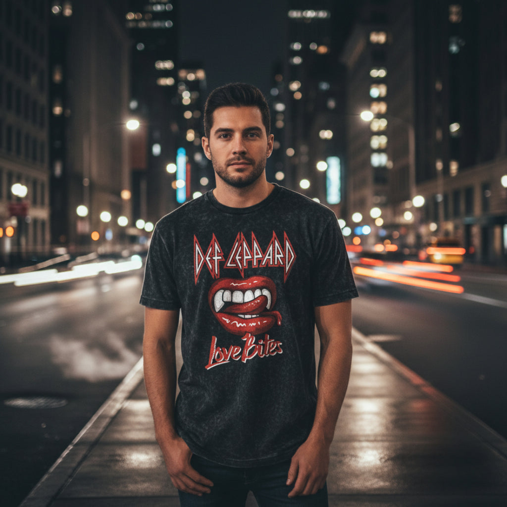 MAN WEARING Black t-shirt with Def Leppard logo and 'Love Bites' graphic DEF5163-MINWSHS, DEF5163-MINWSHM, DEF5163-MINWSHL, DEF5163-MINWSHXL, DEF5163-MINWSHXXL