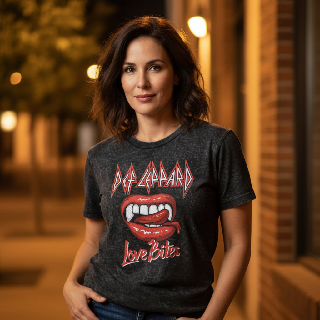 WOMAN WEARING Black t-shirt with Def Leppard logo and 'Love Bites' graphic DEF5163-MINWSHS, DEF5163-MINWSHM, DEF5163-MINWSHL, DEF5163-MINWSHXL, DEF5163-MINWSHXXL