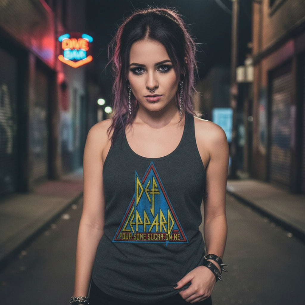 WOMAN WEARING Black tank top with Def Leppard logo DEF569-320S, DEF569-320M, DEF569-320L, DEF569-320XL, DEF569-320XXL