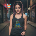 WOMAN WEARING Black tank top with Def Leppard logo DEF569-320S, DEF569-320M, DEF569-320L, DEF569-320XL, DEF569-320XXL