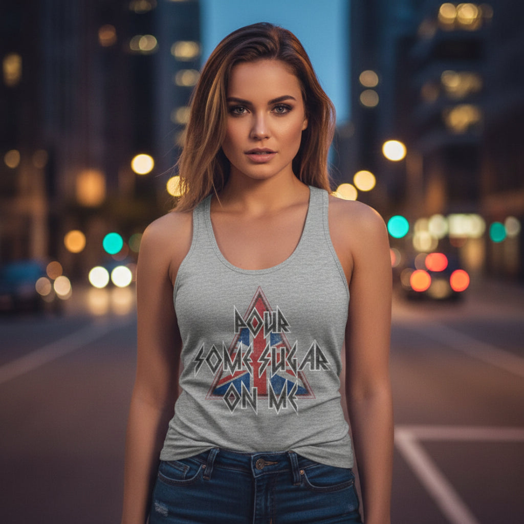 WOMAN WEARING Gray tank top with a graphic design and text DEF570-320S, DEF570-320M, DEF570-320L, DEF570-320XL, DEF570-320XXL