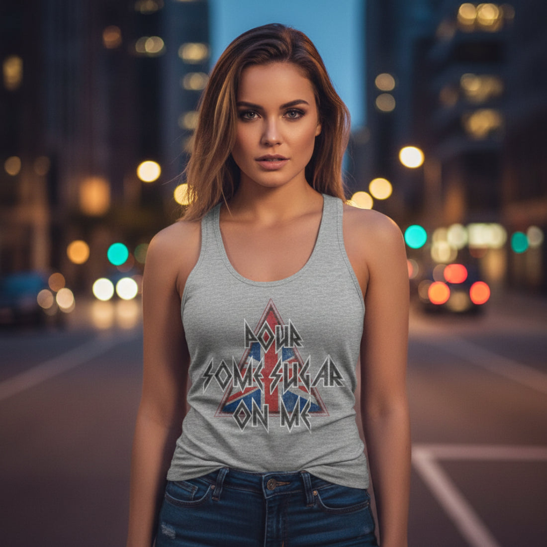 WOMAN WEARING Gray tank top with a graphic design and text DEF570-320S, DEF570-320M, DEF570-320L, DEF570-320XL, DEF570-320XXL