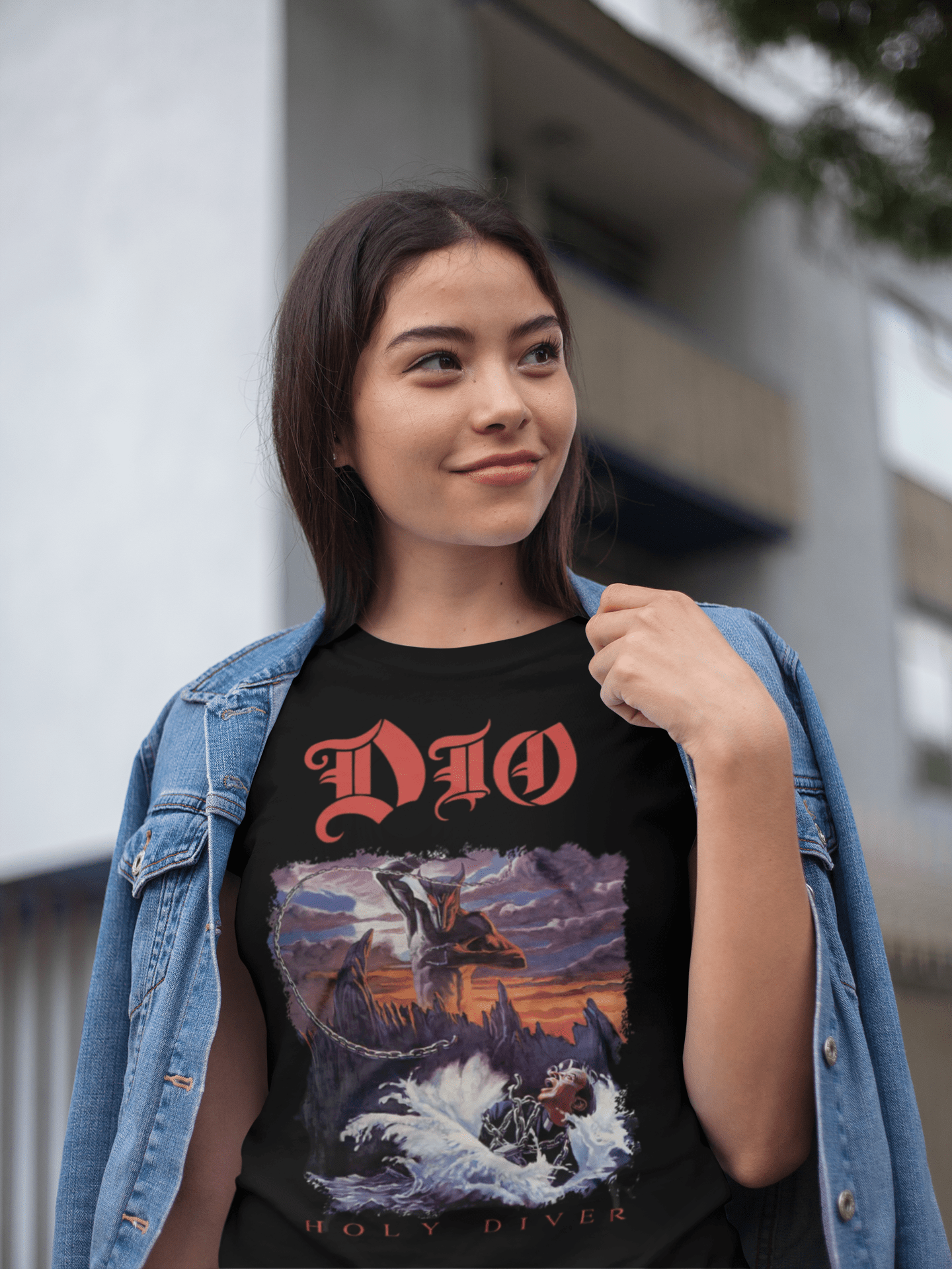 WOMAN WEARING Dio Holy Diver Black T-Shirt MM-DIO-01S, MM-DIO-01M, MM-DIO-01L, MM-DIO-01X, MM-DIO-01XX, MM-DIO-01XXX