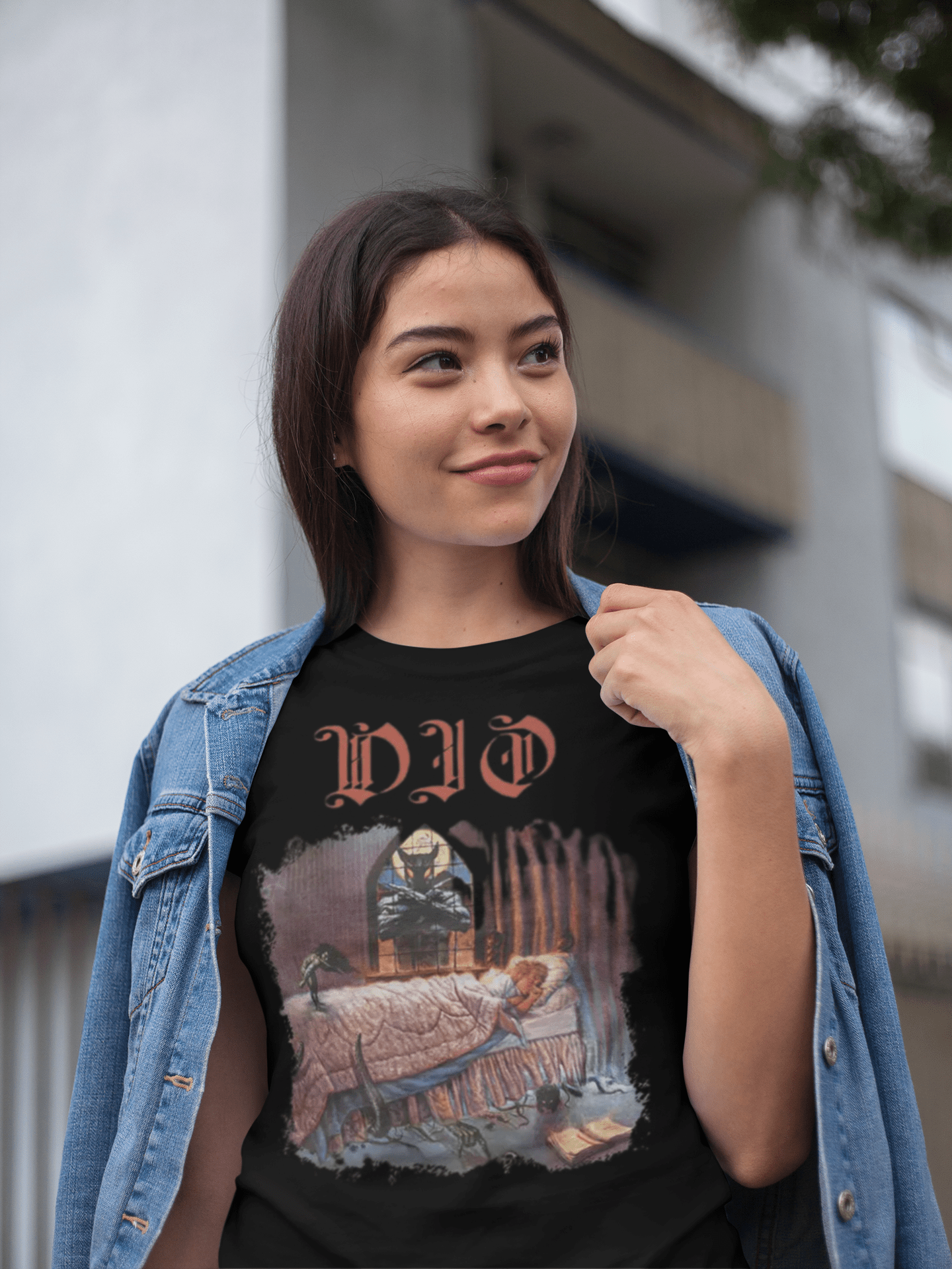 WOMAN WEARING Dio Men's Dream Evil Black T-Shirt MM-DIO-02S, MM-DIO-02M, MM-DIO-02L, MM-DIO-02X, MM-DIO-02XX, MM-DIO-02XXX