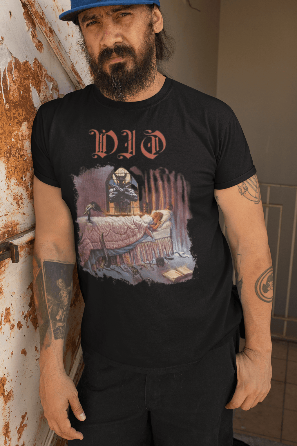 Man Wearing Dio Men's Dream Evil Black T-Shirt MM-DIO-02S, MM-DIO-02M, MM-DIO-02L, MM-DIO-02X, MM-DIO-02XX, MM-DIO-02XXX