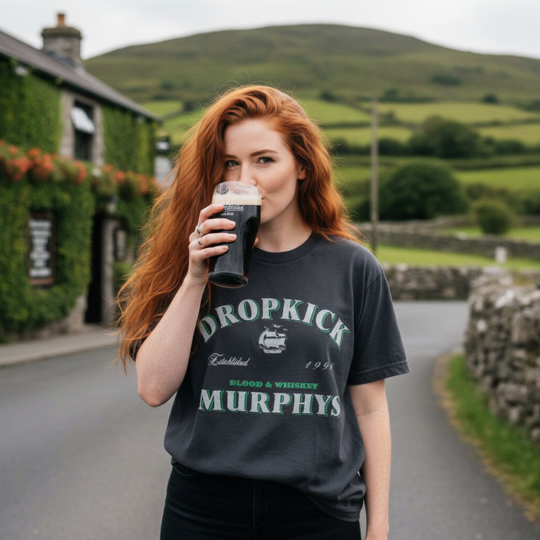 WOMAN WEARING Black t-shirt with 'Dropkick Murphys' logo MM-DKM-02S, MM-DKM-02M, MM-DKM-02L, MM-DKM-02X, MM-DKM-02XX, MM-DKM-02XXX