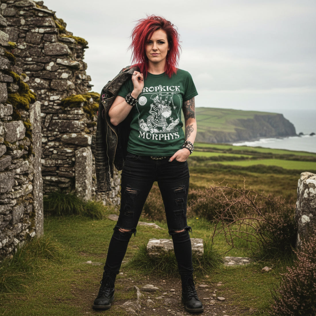 WOMAN WEARING DROPKICK MURPHYS SKELETON PIPER SHIRT MM-DKM-01S, MM-DKM-01M, MM-DKM-01L, MM-DKM-01X, MM-DKM-01XX, MM-DKM-01XXX