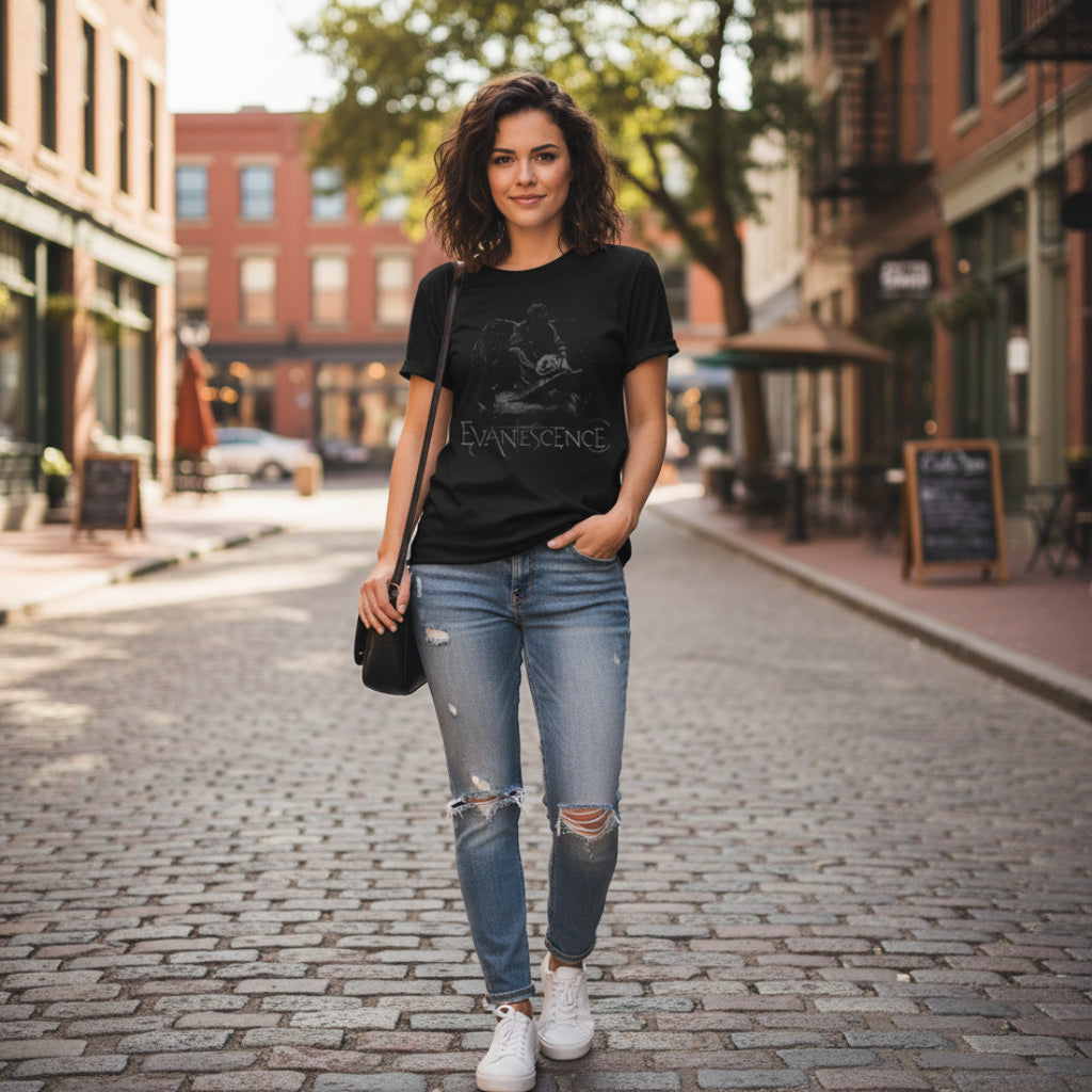 Woman wearing Black t-shirt with 'Evanescence' logo MM-EVA-01S, MM-EVA-01M, MM-EVA-01L, MM-EVA-01X, MM-EVA-01XX, MM-EVA-01XXX