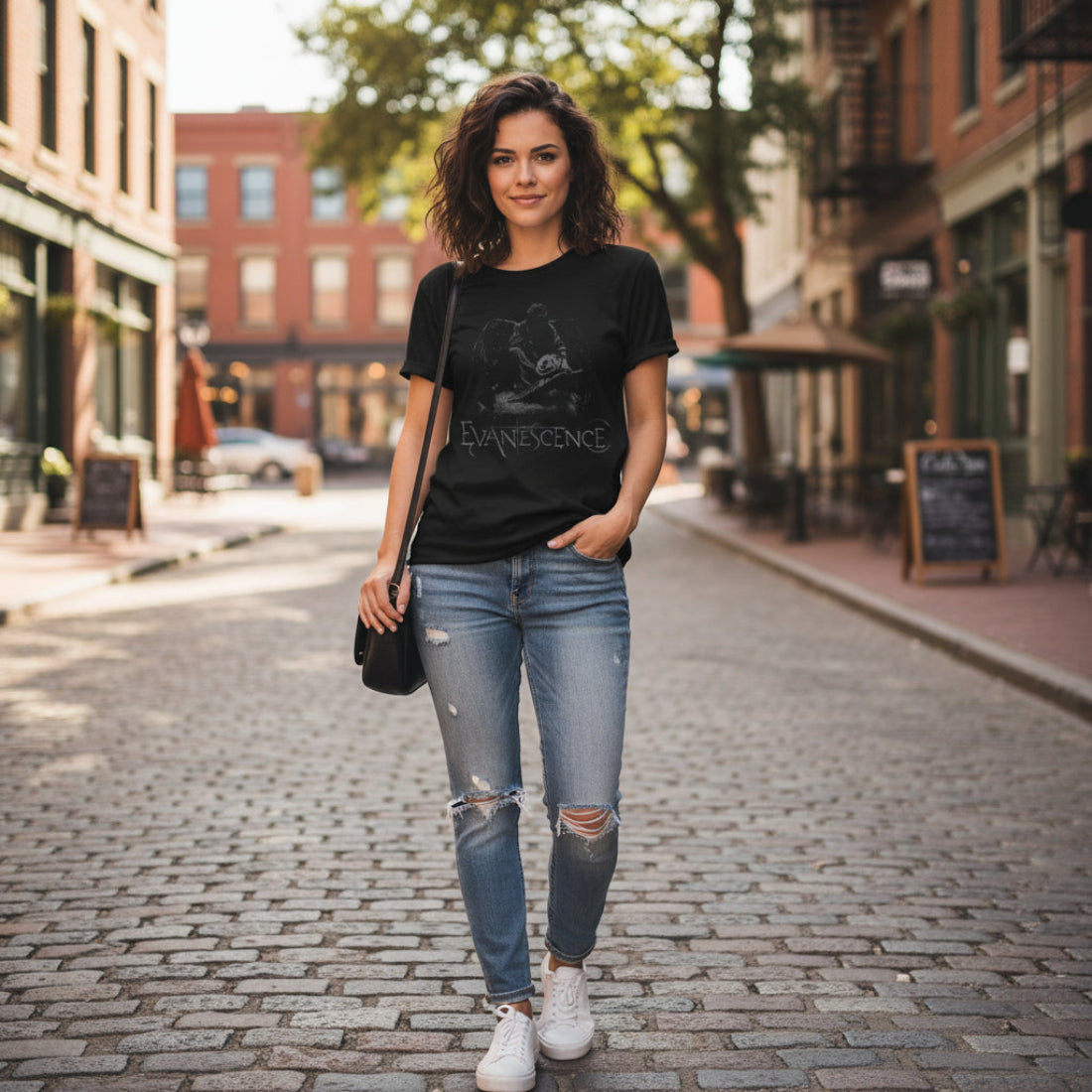 Woman wearing Black t-shirt with 'Evanescence' logo MM-EVA-01S, MM-EVA-01M, MM-EVA-01L, MM-EVA-01X, MM-EVA-01XX, MM-EVA-01XXX