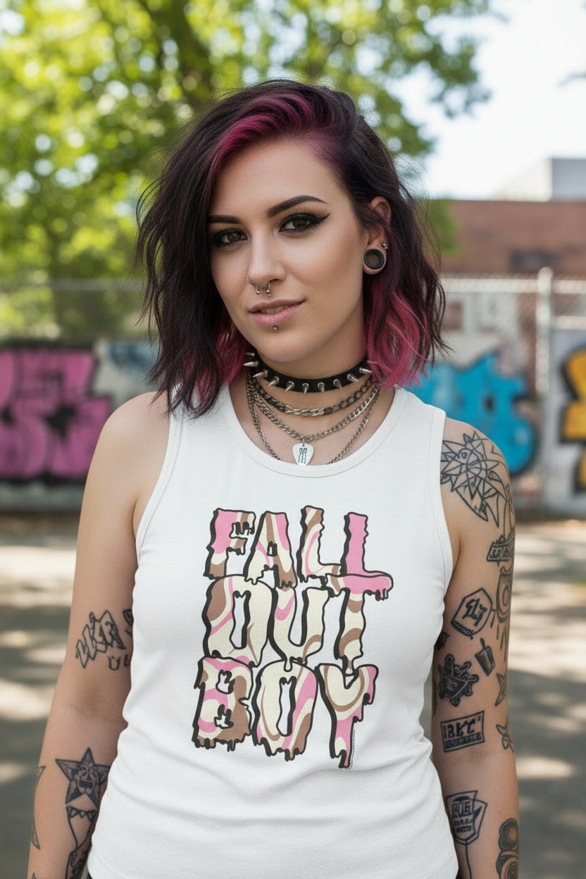 WOMAN WEARING FALL OUT BOY WHITE TANK TOP FOB513-329S, FOB513-329M, FOB513-329L, FOB513-329XL, FOB513-329XXL